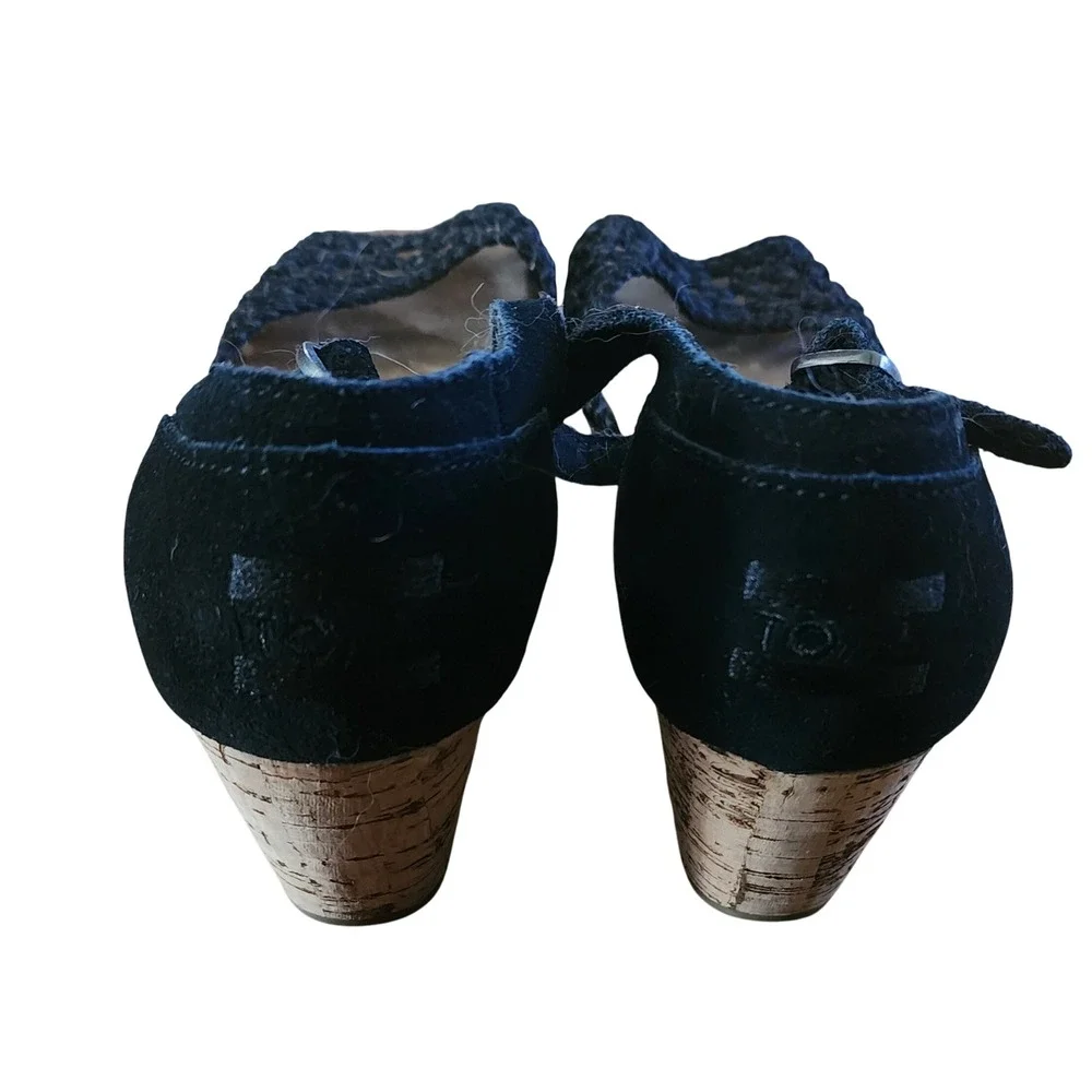 TOMS Womens Black Suede Woven Peep Toe Cork Wedge Ankle Strap Sandals‎